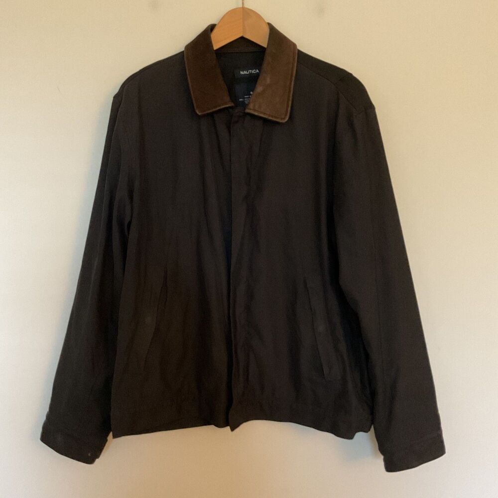 VTG 90s Y2K Nautica Mens S Black Bi-Swing Chore Barn Jacket Leather Collar Work